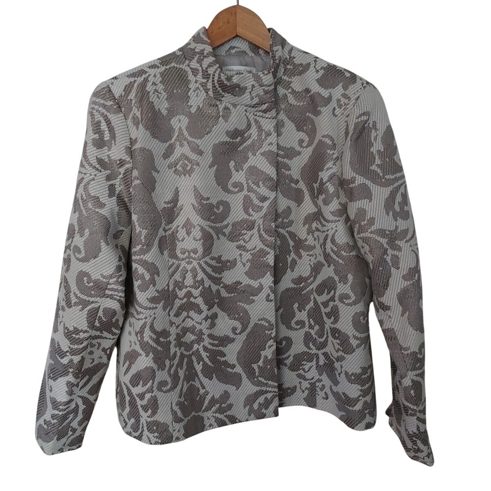 Coldwater Creek Women 14 Metallic Damask Jacquard Blazer Jacket Silver Beige